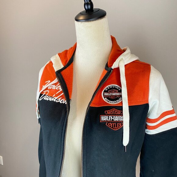 Harley Davidson Women's Classic Orange Black White Colorblock Hoodie Size M - Picture 2 of 16